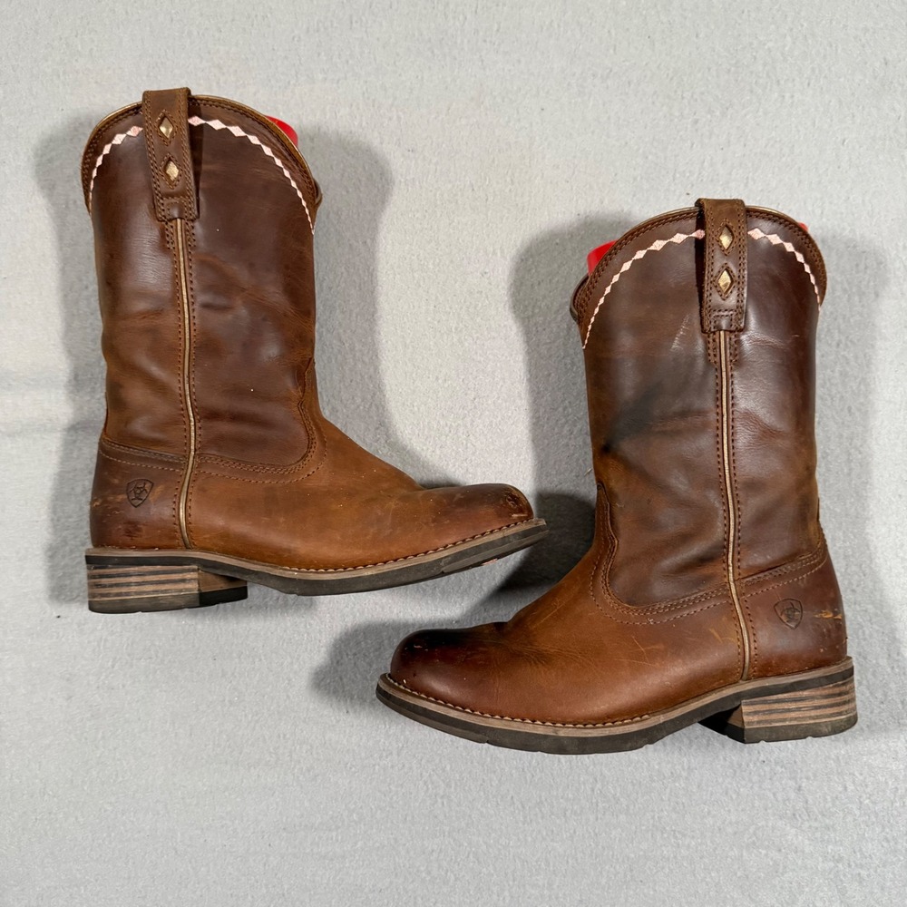 Ariat Unbridled Roper Brown Leather Western Boots 10015374 Pink Stitching 8B